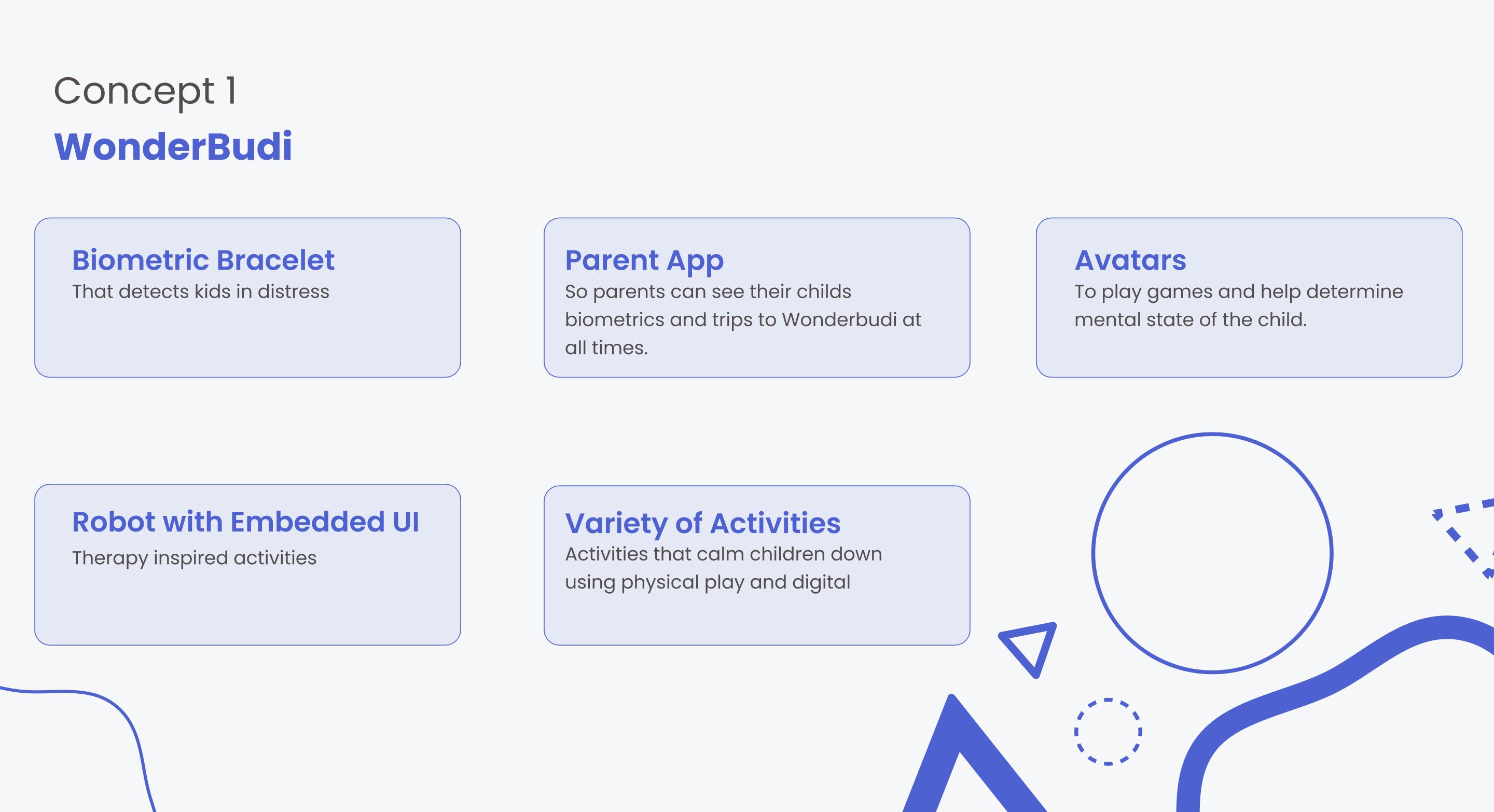 Concept 1 WonderBudi: biometric bracelet that detects kids in distress, parent app, avatars to play games and help determine mental state of the child, robot with embedded UI for therapy-inspired activities, variety of activities using physical play and digital